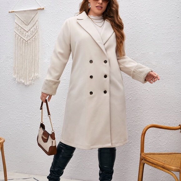 (B5) NEW SHEIN Unity Lapel Neck Double Breasted Fuzzy Cuff Overcoat, Size L,NWOT - Picture 3 of 16
